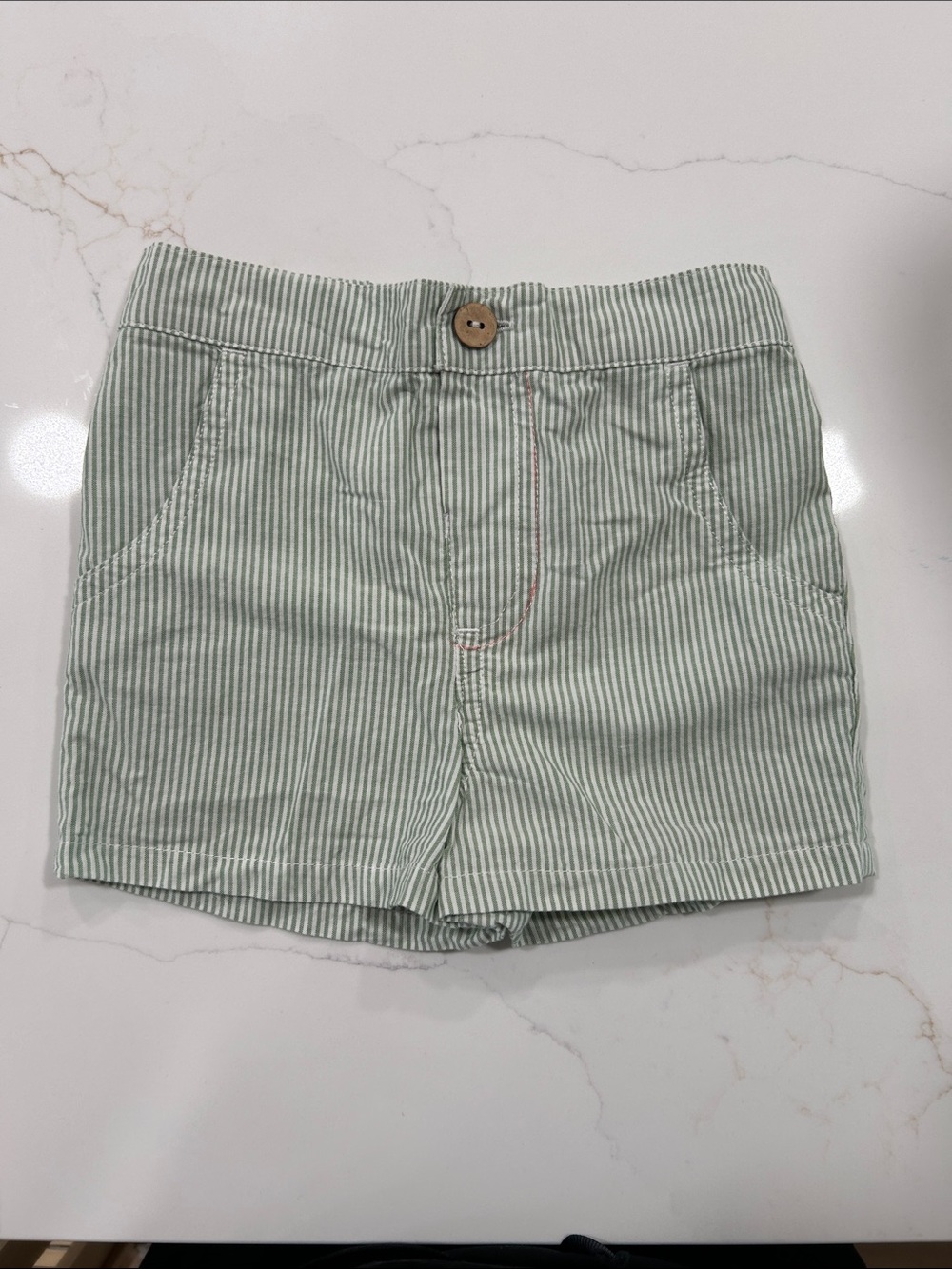 Green and White Striped Cotton Shorts - 24M
